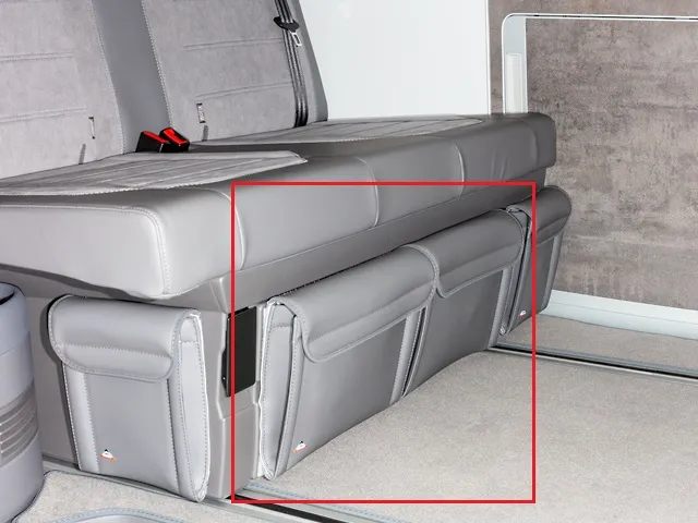 BRANDRUP® UTILITY Bettkasten (2er-Bank) Vorderseite mit zwei Taschen, VW T6.1 California, Design „Leder Palladium“