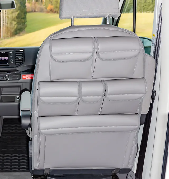 BRANDRUP® UTILITY mit sechs Taschen, für den Fahrer-/Beifahrersitz im VW Grand California 600 & 680, Design „Leder Palladium“