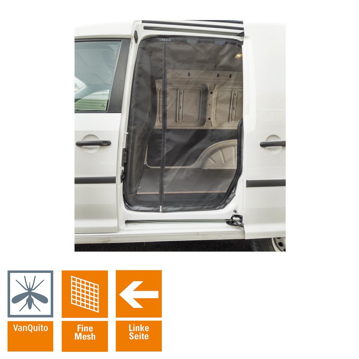 Schiebetürenmoskitonetz "Reißverschluss" für VW Caddy 4 (ab 2014) / Insektenschutz VanQuito - Fahrerseite fine-mesh